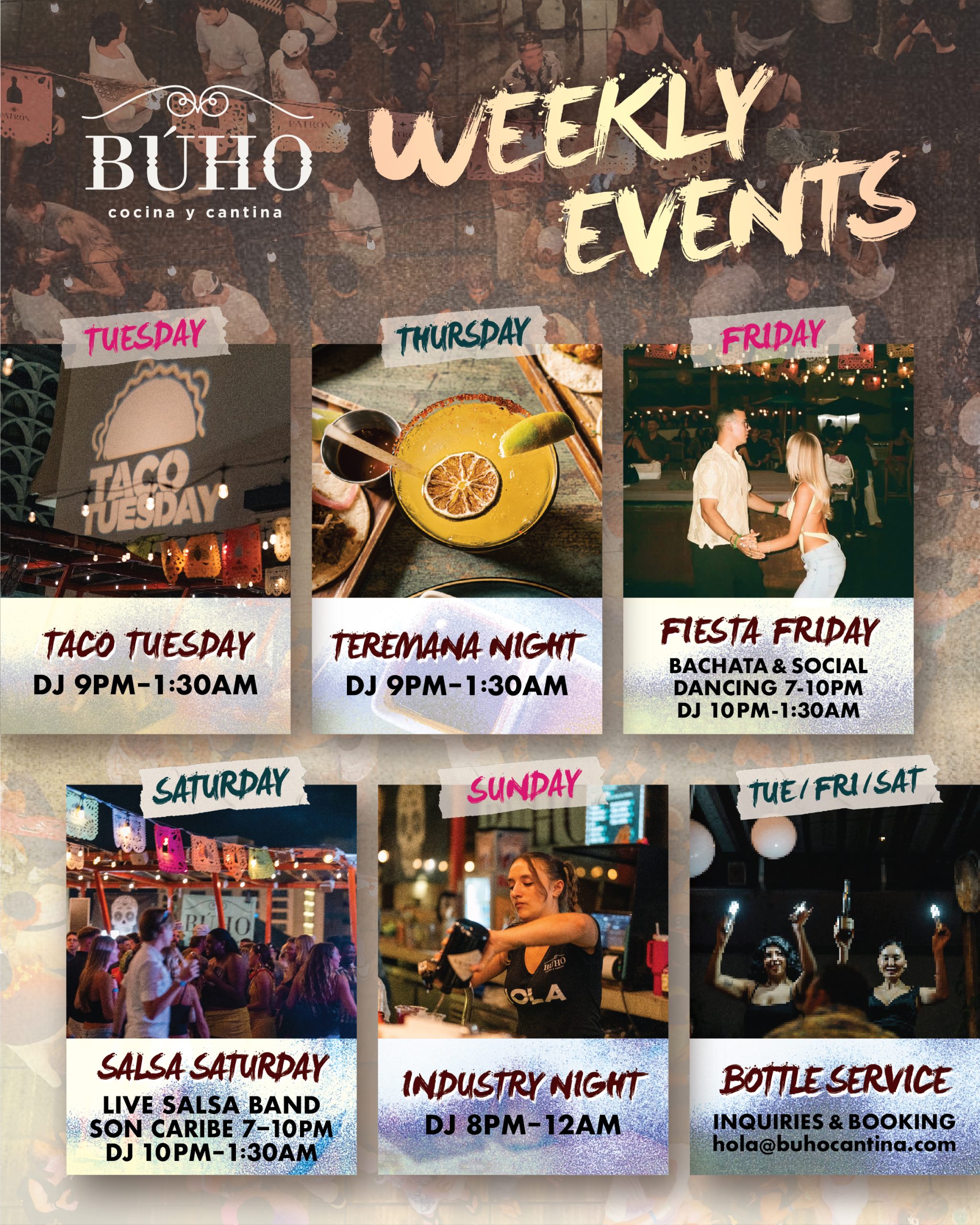 Buho Cocina y Cantina weekly events in Waikiki featuring Taco Tuesday, Teremana Night, Fiesta Friday, Salsa Saturday, Sunday Industry Night and VIP bottle service with live DJs, Latin dancing and rooftop nightlife.