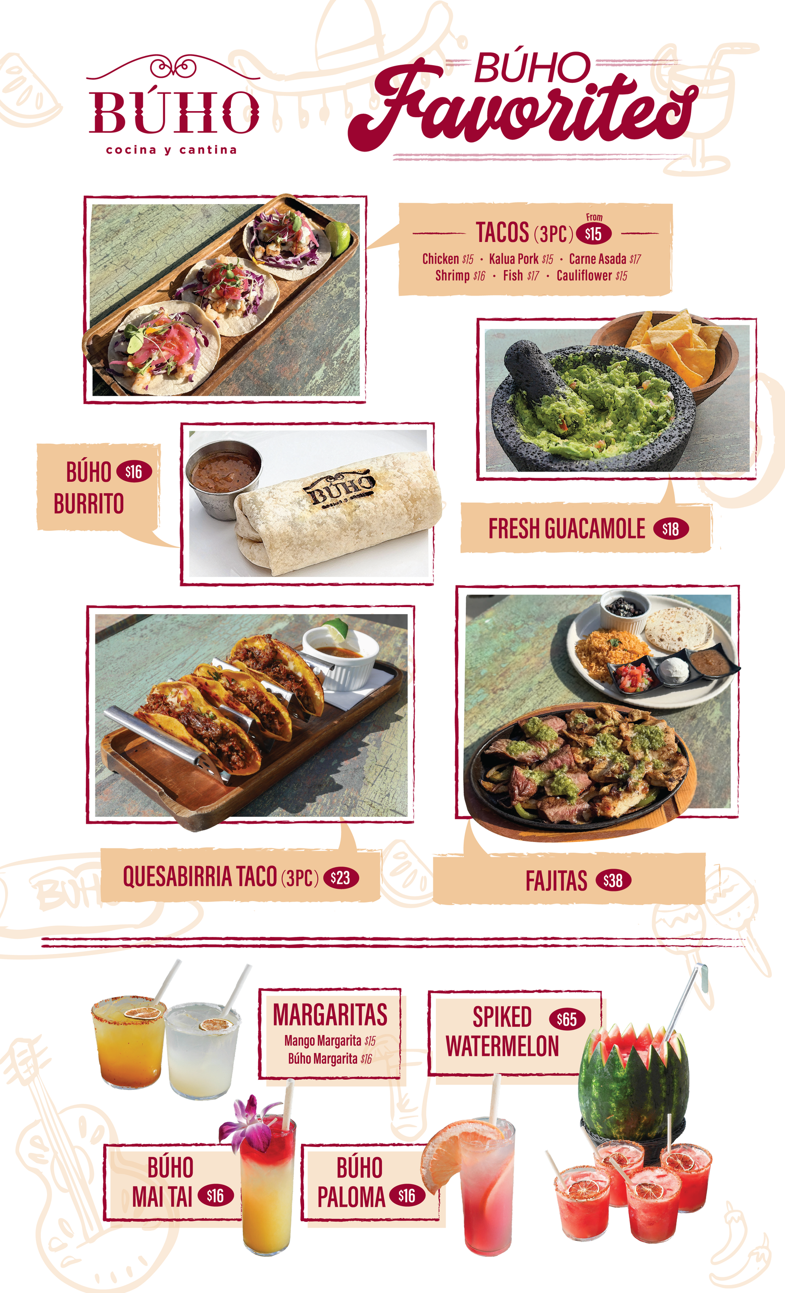 BÚHO Cocina y Cantina Waikiki favorites menu featuring tacos, burrito, fresh guacamole, fajitas, margaritas, and signature cocktails.